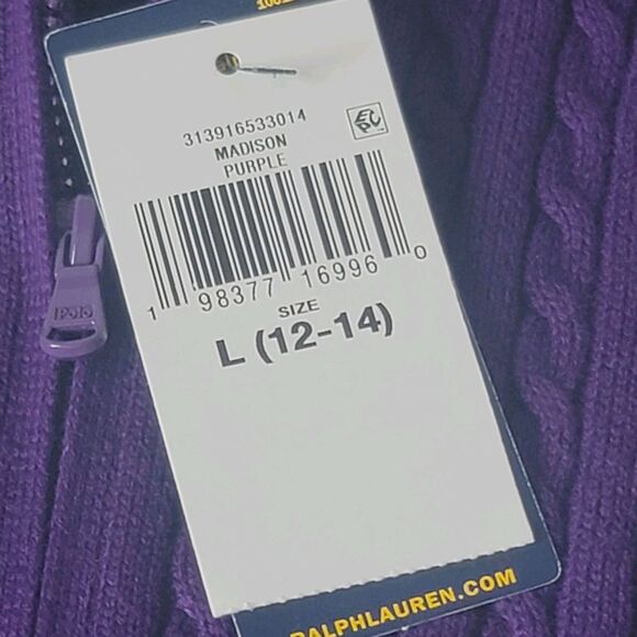 NWT Ralph Lauren Big Girls Cable Cotton Full Zip Hoodie Purple Size 12/14 Large - Picture 5 of 14